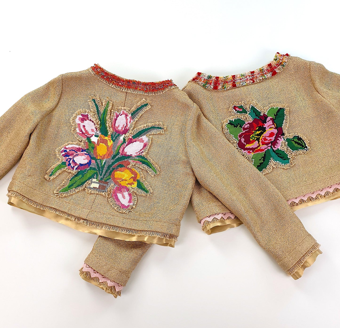 Short linen blazer with vintage embroidery "Tulips"