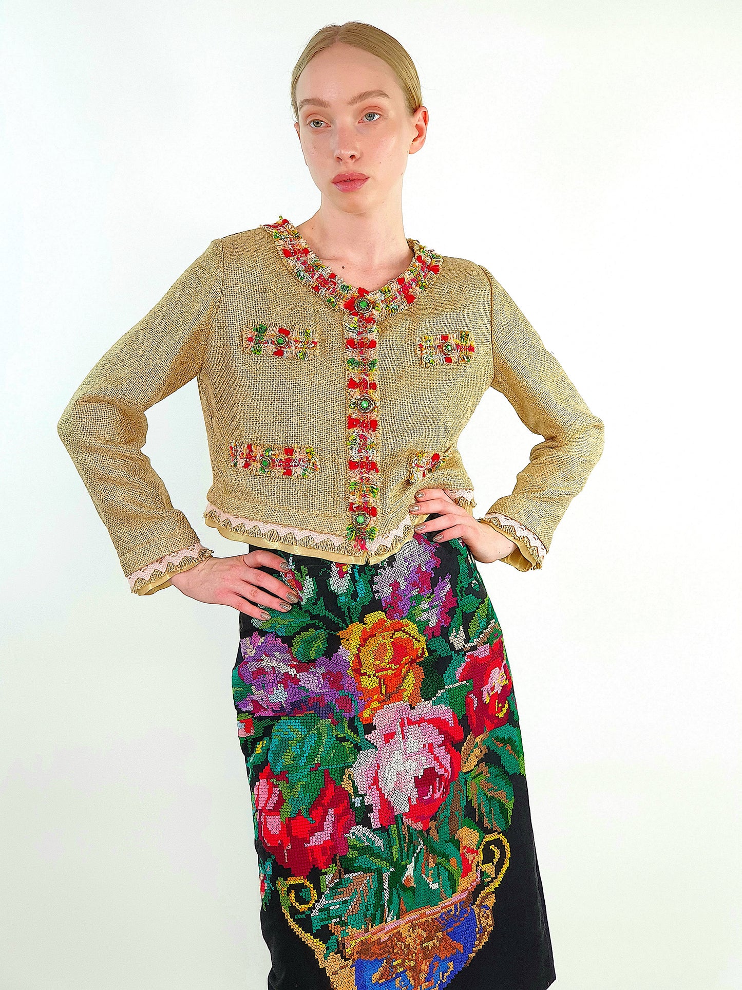 Short linen blazer with vintage embroidery "Rose"