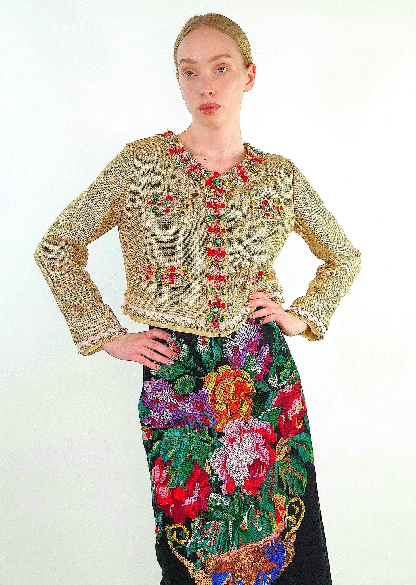 Skirt "Pink Bouquet" with Vintage Embroidery