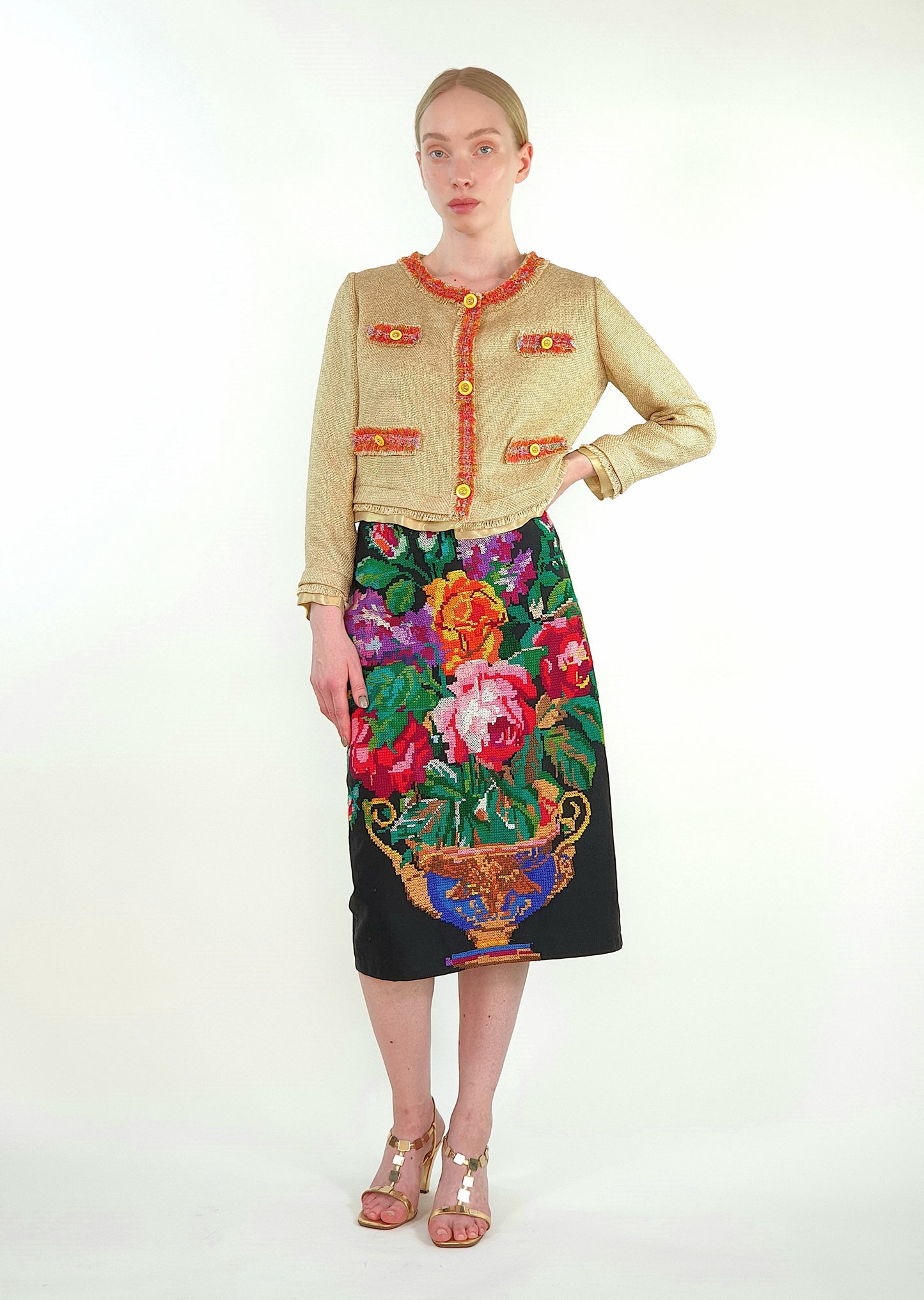 Skirt "Pink Bouquet" with Vintage Embroidery