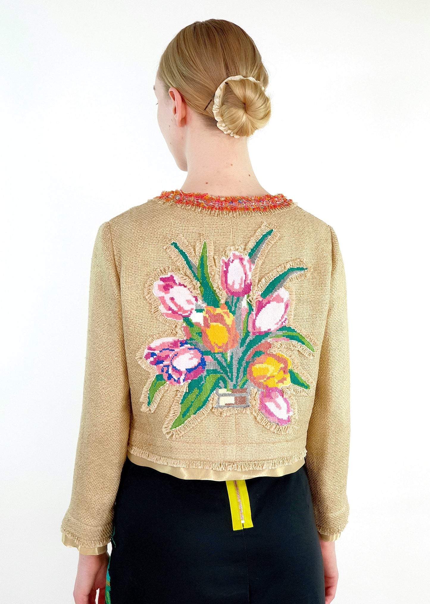 Short linen blazer with vintage embroidery "Tulips"