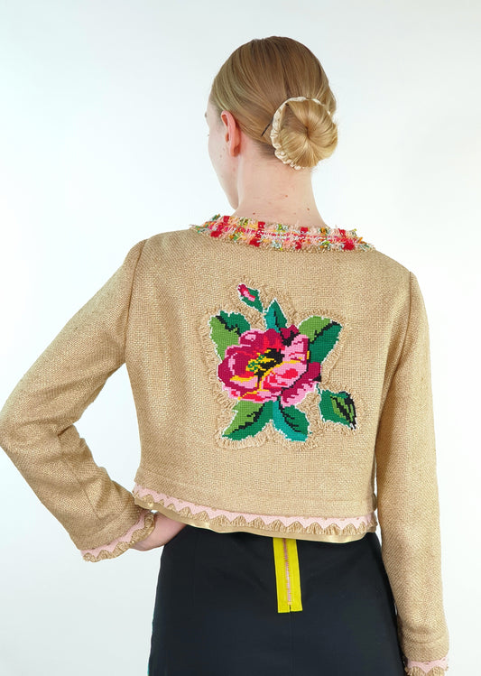 Short linen blazer with vintage embroidery "Rose"