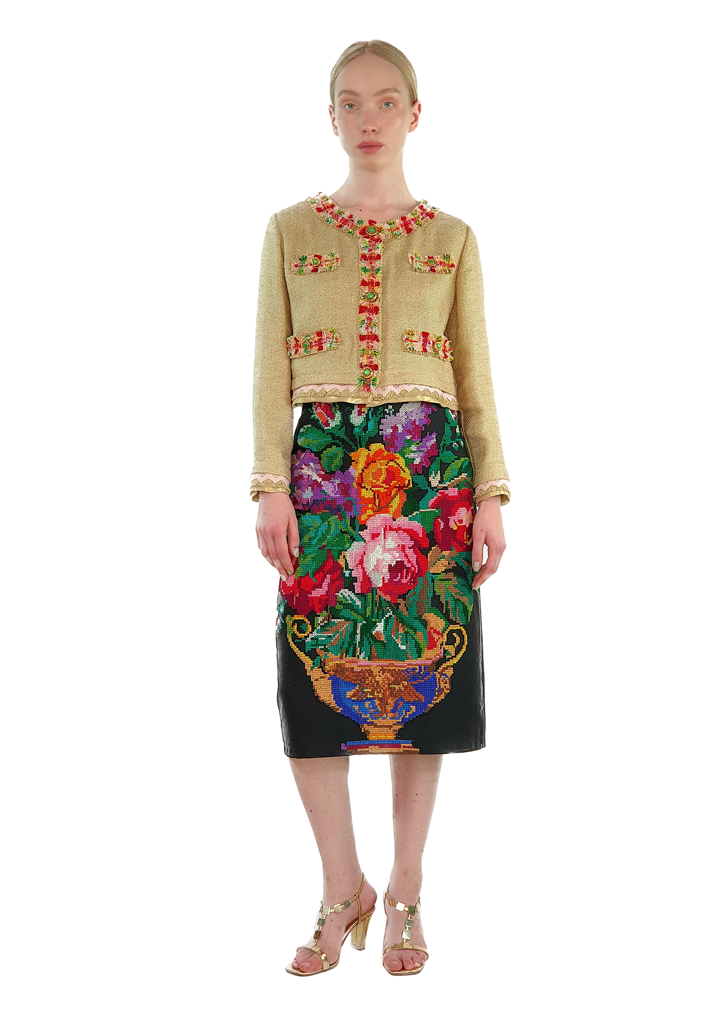 Skirt "Pink Bouquet" with Vintage Embroidery